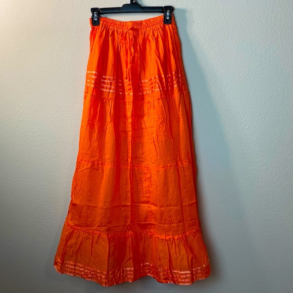 HIGHNESS NYC Women OS Beach Breeze Cotton Solid Orange Ruffle Maxi Skirt - Picture 2 of 12